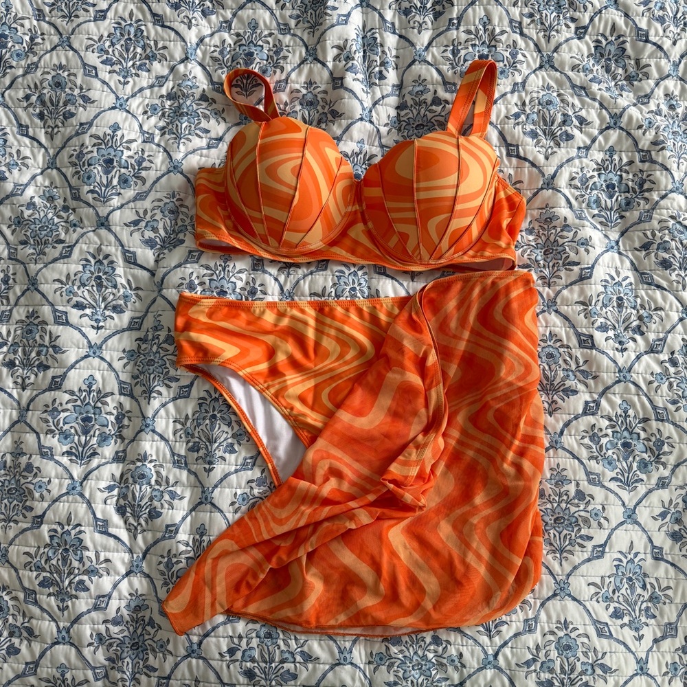 SHEIN Orange Retro Bikini 3 Piece Set Swimsuit New with tags Size 1XL